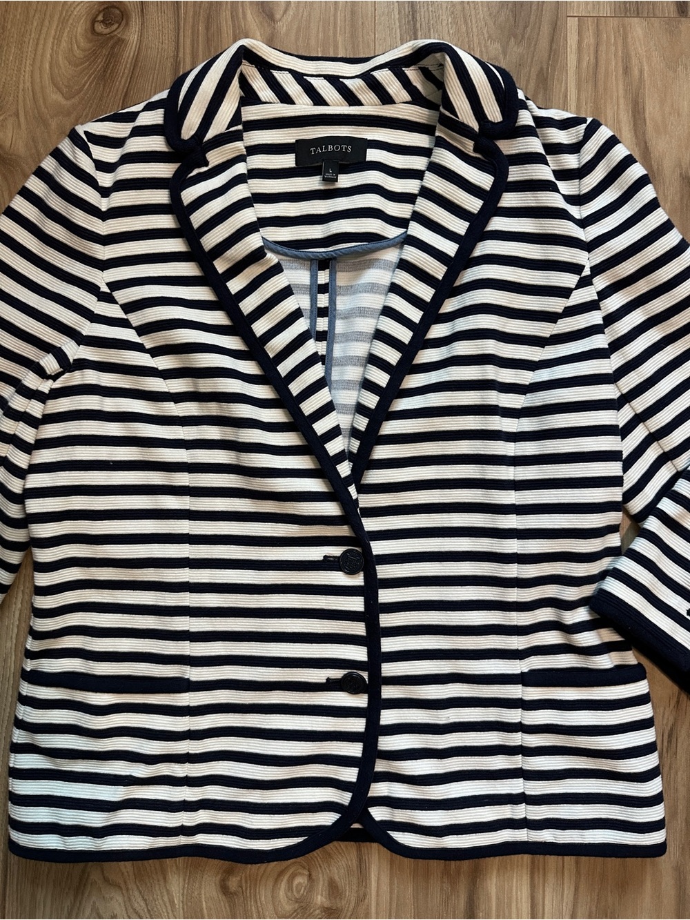 Talbots Navy White Striped Blazer Jacket Coat 3/4 Sleeves Large L Nautical Women - Picture 3 of 11